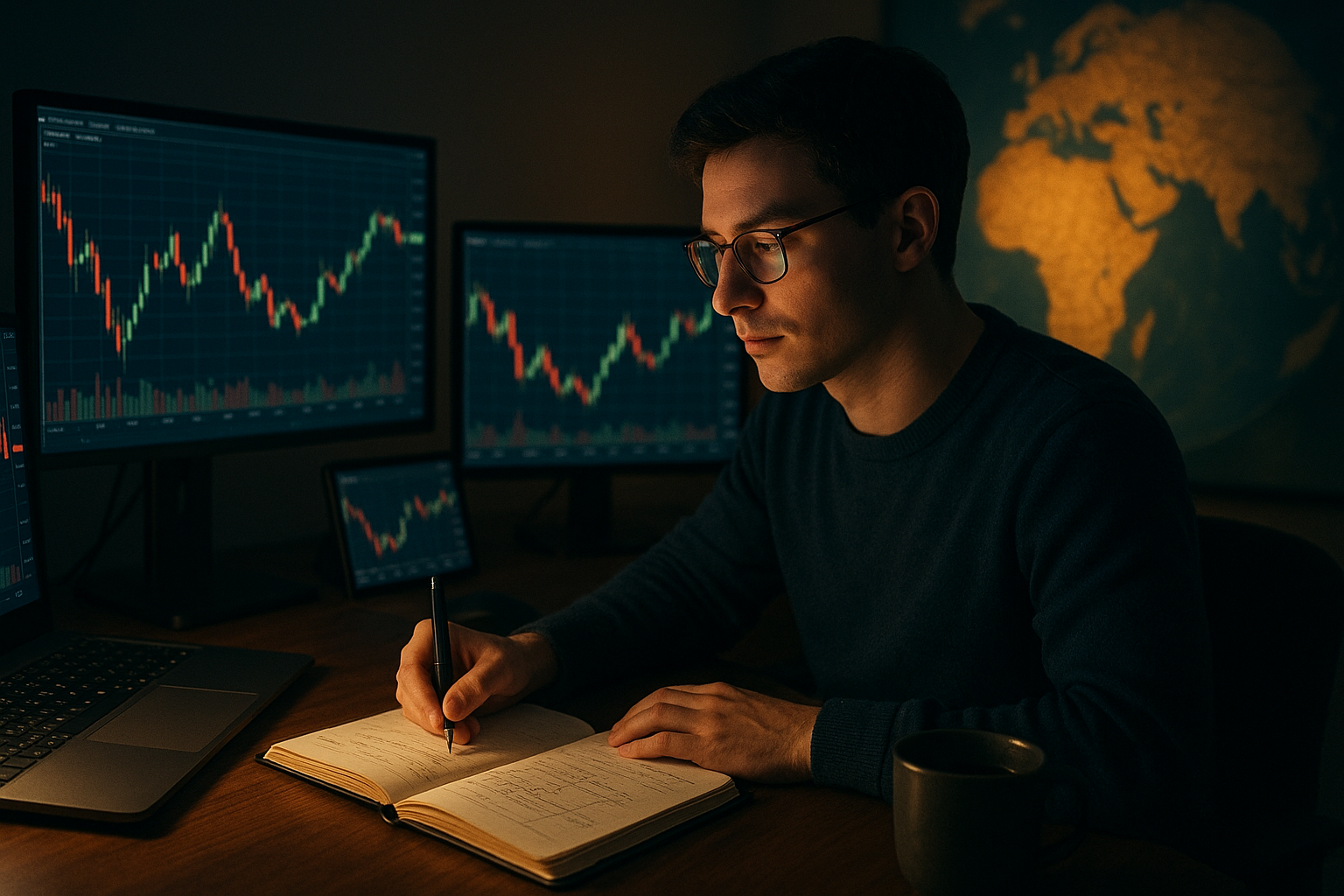 A person sitting at a desk at night, surrounded by soft glow from multiple screens showing forex charts, an open notebook, a coffee cup, and a glowing globe in the background.